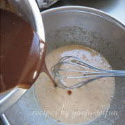 米粉のブラウニーの作り方　卵と砂糖にチョコを混ぜる